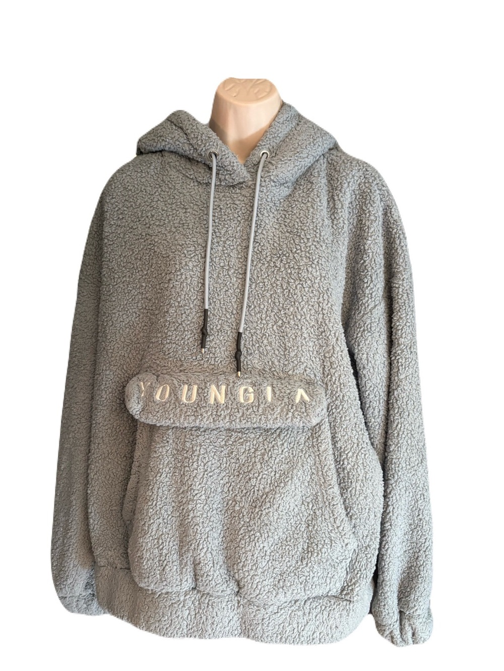 YoungLA Kangaroo Sherpa Hoodie Men L Blue/Gray Teddy Fleece Oversized Streetwear